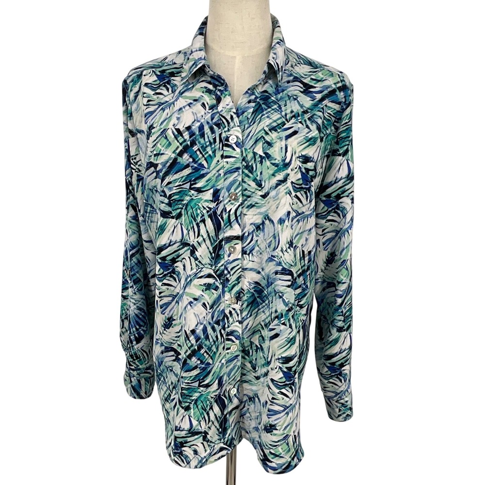Chicos Tropical Leaf Print Button Down Shirt Long Sleeve Women Sz 2 US 12 Beachy